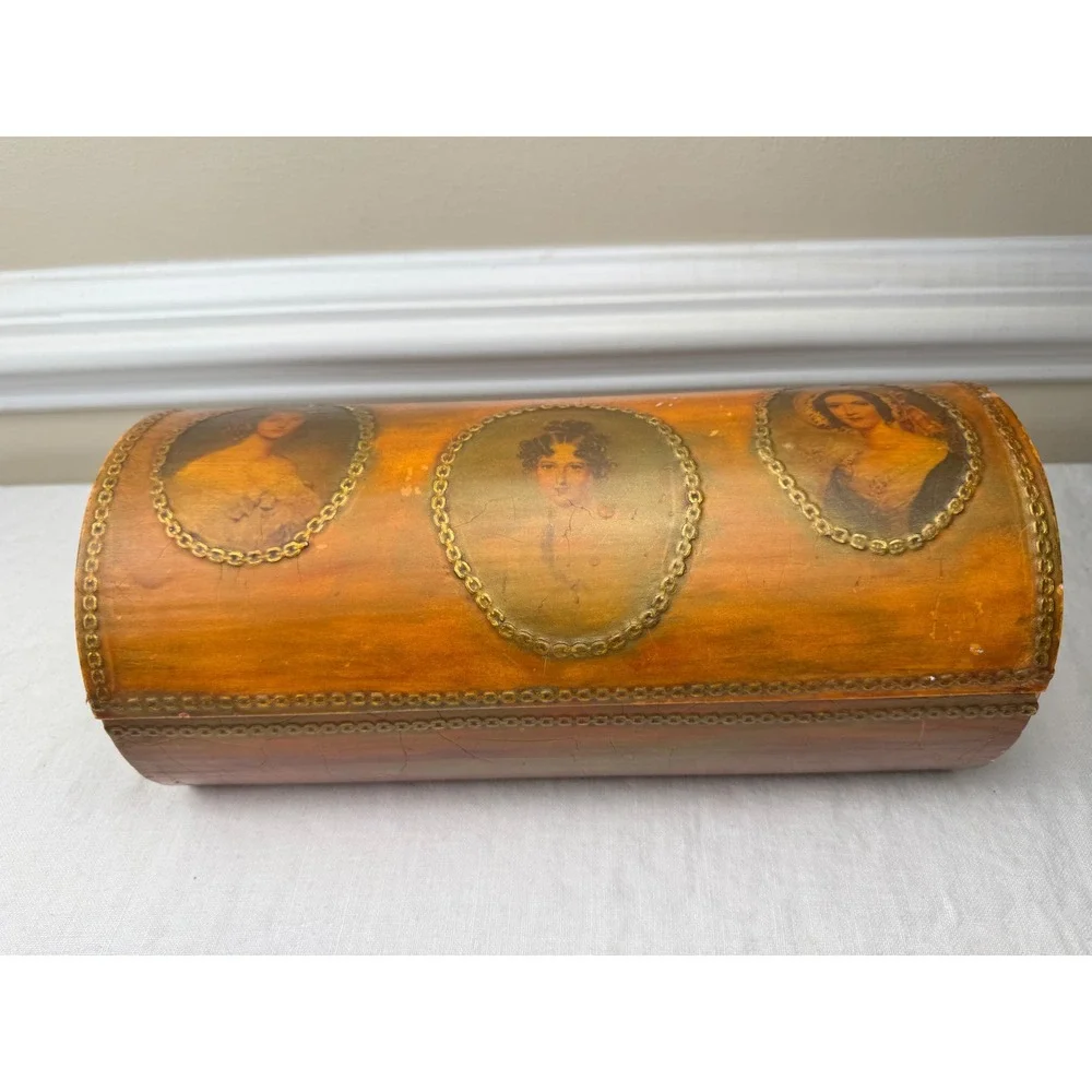 Vintage Hand Painted Dome Top Wooden Trunk Portrait Miniatures Velvet Lined 12in